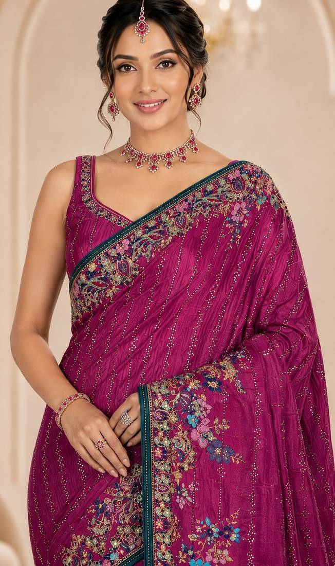 Pink color beautiful designer partywear satin fabric saree