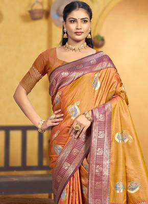 golden mustard soft silk blend woven designer ethnic partywear fancy designer saree 2