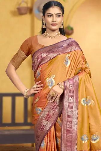 golden mustard soft silk blend woven designer ethnic partywear fancy designer saree
