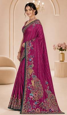 Pink color beautiful designer partywear satin fabric saree 4