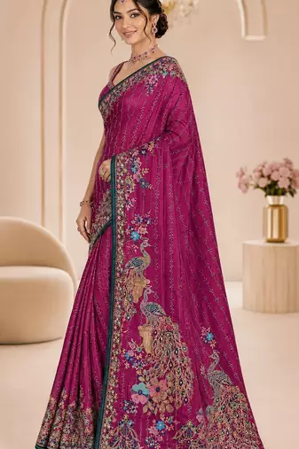 Pink color beautiful designer partywear satin fabric saree
