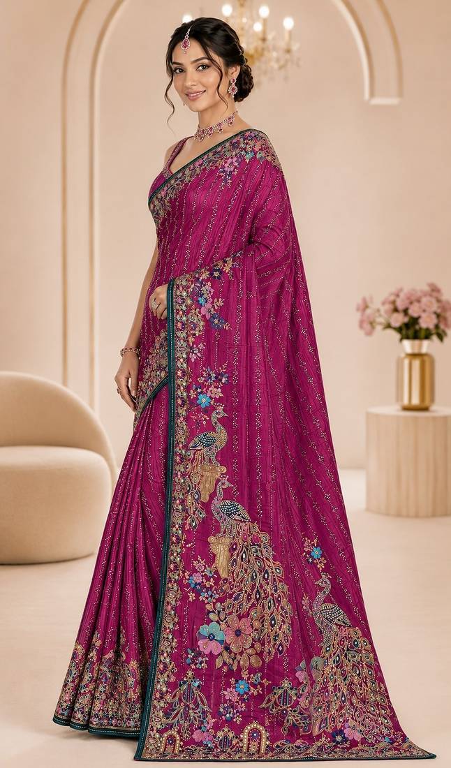 Pink color beautiful designer partywear satin fabric saree