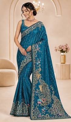 Teal color beautiful designer partywear satin fabric saree 1