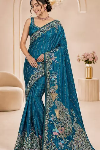 Teal color beautiful designer partywear satin fabric saree