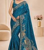 Teal color beautiful designer partywear satin fabric saree
