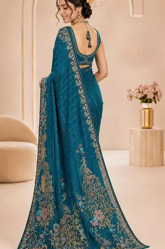 Teal color beautiful designer partywear satin fabric saree