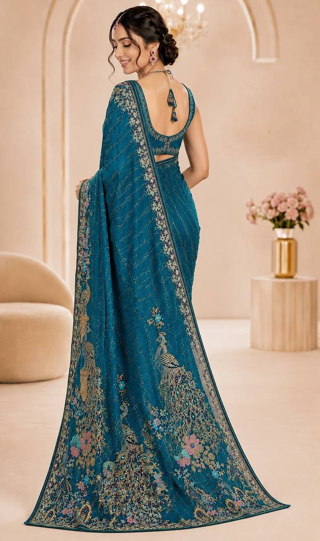 Teal color beautiful designer partywear satin fabric saree