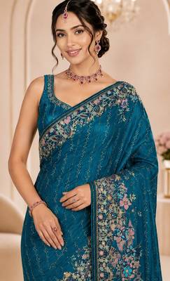 Teal color beautiful designer partywear satin fabric saree 3