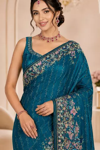 Teal color beautiful designer partywear satin fabric saree
