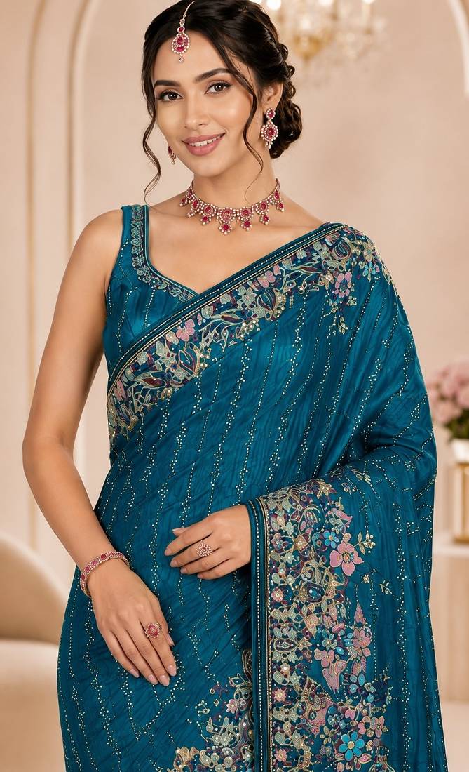 Teal color beautiful designer partywear satin fabric saree