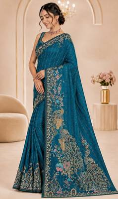 Teal color beautiful designer partywear satin fabric saree 4
