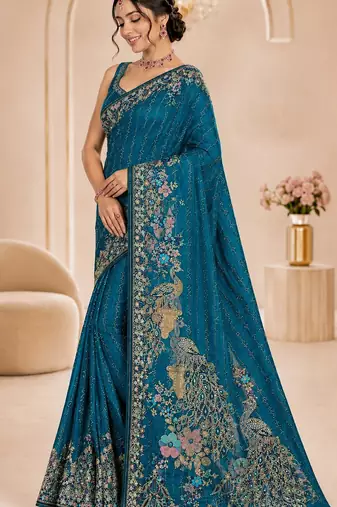 Teal color beautiful designer partywear satin fabric saree