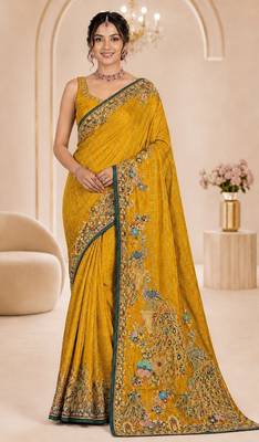 Yellow color beautiful designer partywear satin fabric saree 1