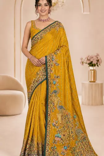 Yellow color beautiful designer partywear satin fabric saree