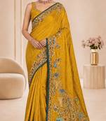 Yellow color beautiful designer partywear satin fabric saree