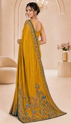 Yellow color beautiful designer partywear satin fabric saree 2