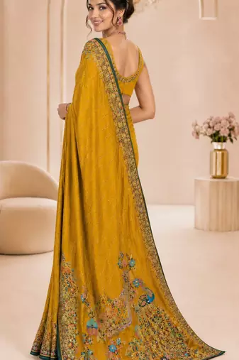Yellow color beautiful designer partywear satin fabric saree