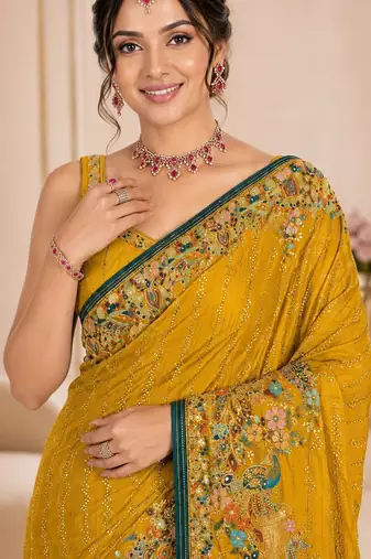 Yellow color beautiful designer partywear satin fabric saree