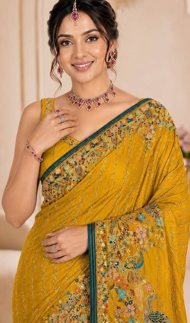 Yellow color beautiful designer partywear satin fabric saree