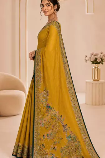 Yellow color beautiful designer partywear satin fabric saree