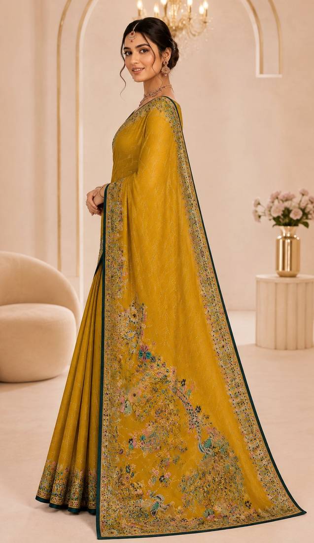 Yellow color beautiful designer partywear satin fabric saree