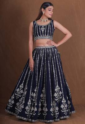 NAVY BLUE  GEORGETTE PARTY WEAR EMBROIDERY SEMI STITCHED LEHENGA CHOLI  3