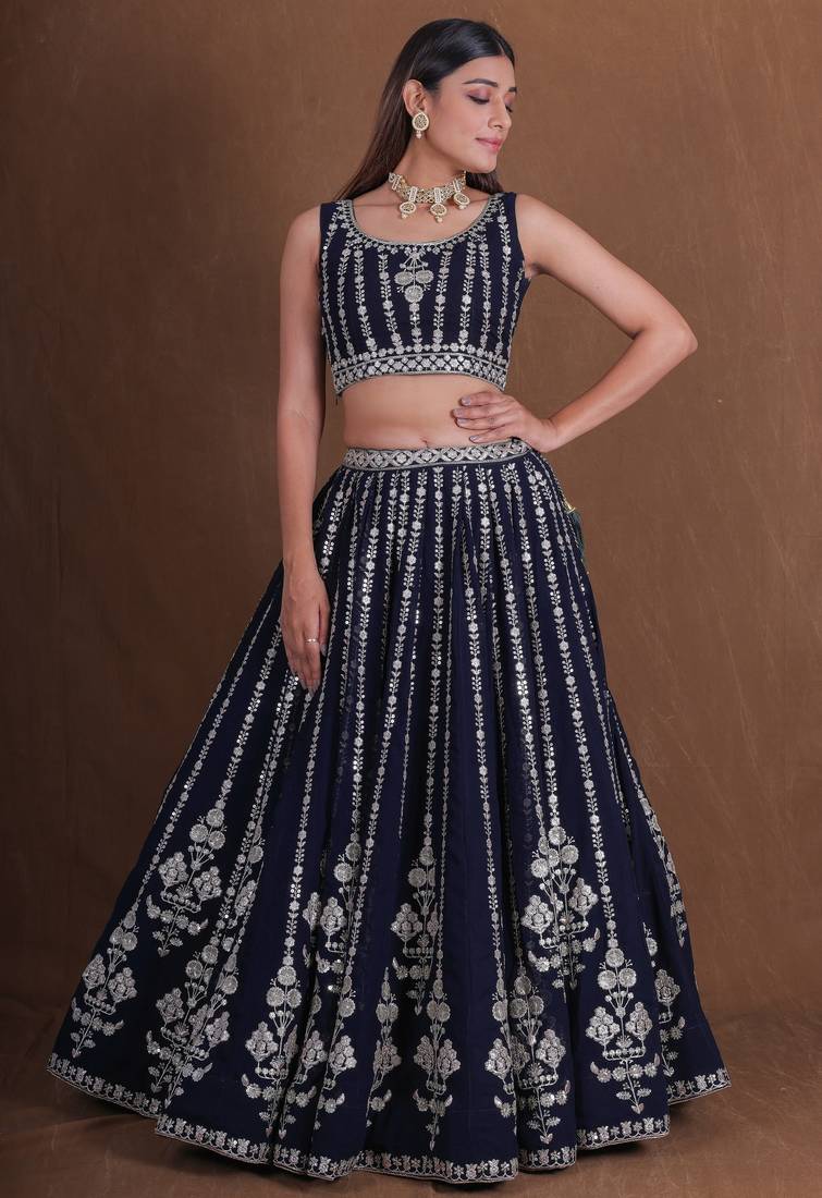 NAVY BLUE  GEORGETTE PARTY WEAR EMBROIDERY SEMI STITCHED LEHENGA CHOLI 