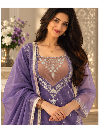 lavender color thread and sequence work silk blend salwar kameez 1