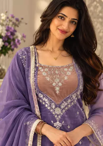 lavender color thread and sequence work silk blend salwar kameez