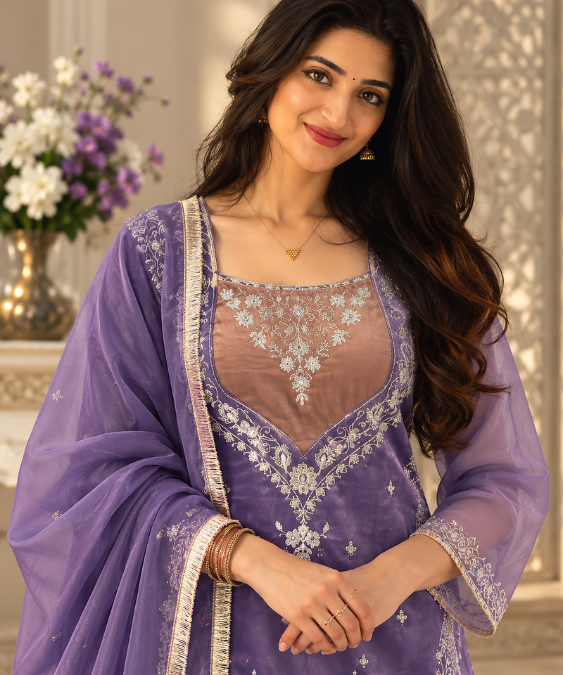 lavender color thread and sequence work silk blend salwar kameez