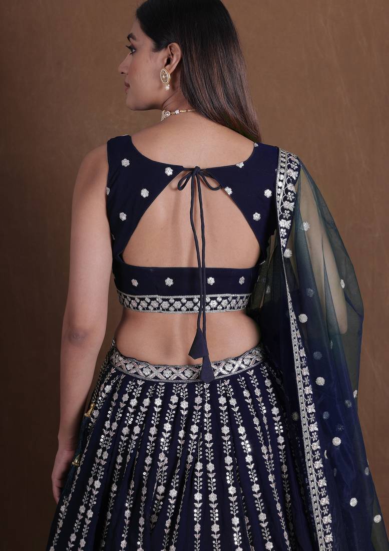 NAVY BLUE  GEORGETTE PARTY WEAR EMBROIDERY SEMI STITCHED LEHENGA CHOLI 