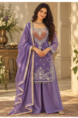 lavender color thread and sequence work silk blend salwar kameez 2