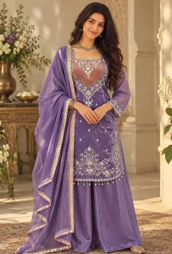 lavender color thread and sequence work silk blend salwar kameez