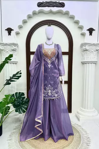 lavender color thread and sequence work silk blend salwar kameez