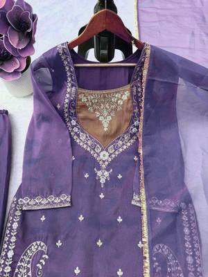 lavender color thread and sequence work silk blend salwar kameez 4