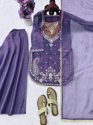 lavender color thread and sequence work silk blend salwar kameez 5