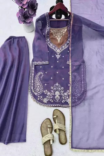 lavender color thread and sequence work silk blend salwar kameez