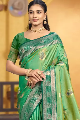 emerald green soft silk blend woven designer ethnic partywear fancy designer saree