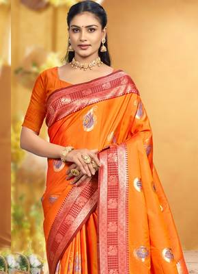 bright orange soft silk blend woven designer ethnic partywear fancy designer saree 2
