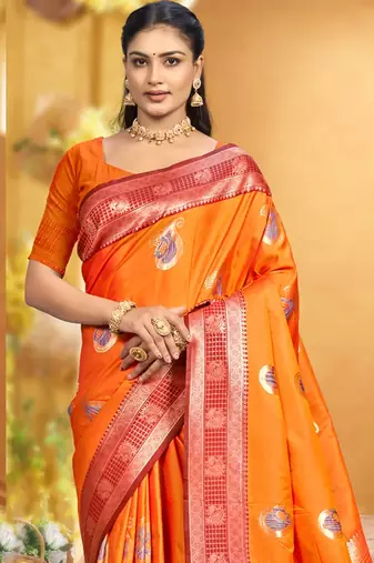 bright orange soft silk blend woven designer ethnic partywear fancy designer saree