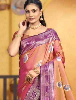 dusty rose pink soft silk blend woven designer ethnic partywear fancy designer saree 2