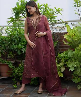 Wine tissue chanderi suit set with dupatta 1