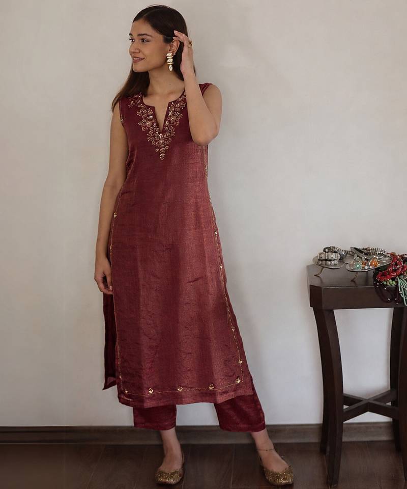 Wine tissue chanderi suit set with dupatta