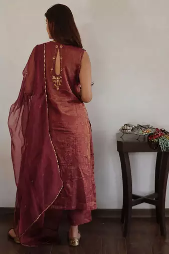 Wine tissue chanderi suit set with dupatta