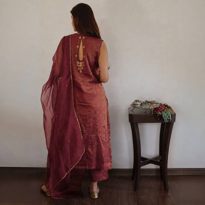 Wine tissue chanderi suit set with dupatta