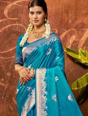 turquoise blue silk blend ethnic woven designer graceful partywear saree 2