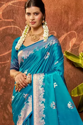 turquoise blue silk blend ethnic woven designer graceful partywear saree