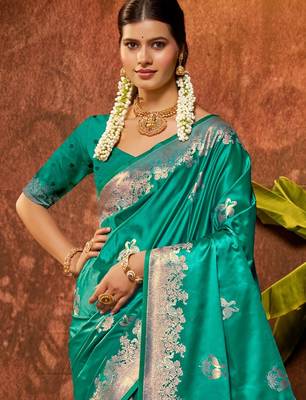 sea green silk blend ethnic woven designer graceful partywear saree 2
