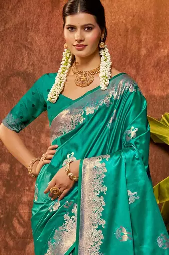 sea green silk blend ethnic woven designer graceful partywear saree