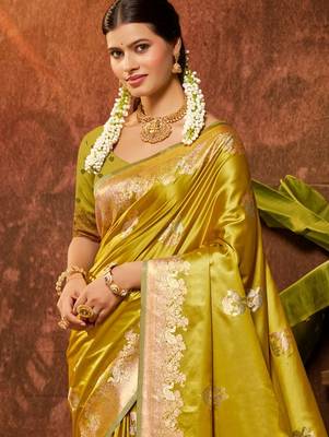 lime yellow silk blend ethnic woven designer graceful partywear saree 2